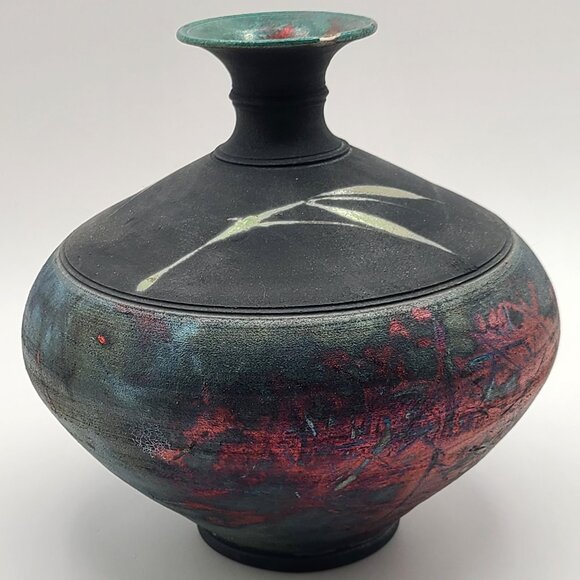Robert Ellert Signed Raku Pottery Vase Iridescent Red Green Blue Black 6.5" H - Picture 1 of 10